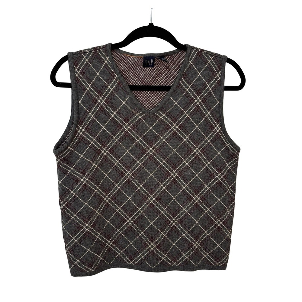 Y2K Gap Plaid Argyle Sweater Vest Womens Gray Academia Preppy 90s Grunge
